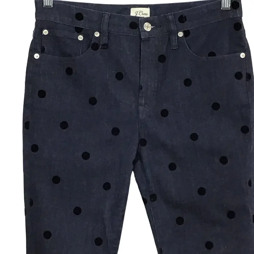 J CREW 9 in High Rise Toothpick Ankle Crop Jeans Dark Wash Black Velvet Dots 29